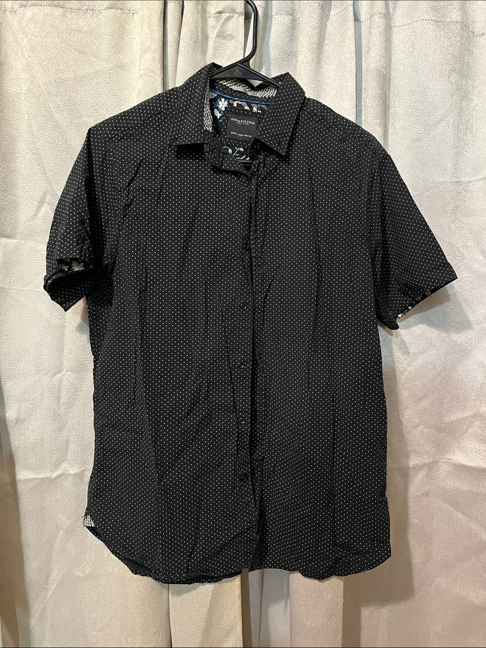 Men's Black Short-Sleeve Button-Down Shirt with Micro Dot Print